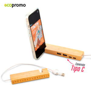 Puerto USB en bambú con regla de 15 cm y soporte para celular. Incluye cable con doble conexión Tipo C y USB. Dos puertos USB y dos Tipo C. Medidas