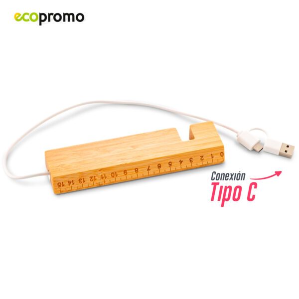Puerto USB en bambú con regla de 15 cm y soporte para celular. Incluye cable con doble conexión Tipo C y USB. Dos puertos USB y dos Tipo C. Medidas - Imagen 2